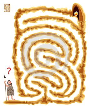 Logic puzzle game with labyrinth for children and adults. Help the primitive man find the way to the cave.