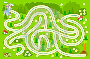 Logic puzzle game with labyrinth for children and adults. Help the rabbit find the way in the forest till carrot and draw the line
