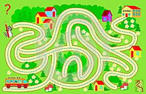 Logic puzzle game with labyrinth for children and adults. Help the school bus bring the children to school. Find the way and draw