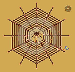 Logic puzzle game with labyrinth for children and adults. Help the spider find the way in a web till the butterfly. Worksheet for