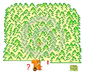 Logic puzzle game with labyrinth for children and adults. Help the squirrel gather nuts in the forest. Find the way and draw line.