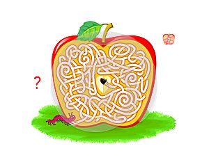 Logic puzzle game with labyrinth for children and adults. Help the worm find the way to center of the apple. Worksheet for kids