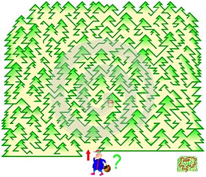 Logic puzzle game with labyrinth for children and adults. Need to draw the way in the forest from start till mushroom.