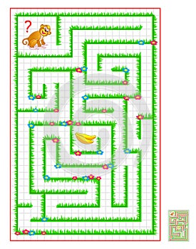 Logic puzzle game with labyrinth for children and adults on square paper. Help the monkey find the way till banana. Draw the line.