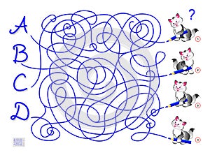 Logic puzzle game with labyrinth for children and adults. What letter has wrote each cat? Find the way.