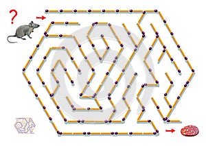 Logic puzzle game with labyrinth for children. Help the rat find way between matchsticks till sausage. Scientific experiment.