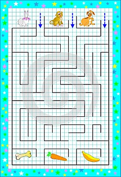 Logic puzzle game with labyrinth for children on a square paper. Help the animals find the way till their food. Draw the lines.