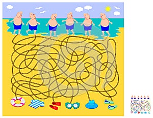 Logic puzzle game with labyrinth for children. What things everybody has lost on the beach? Help every swimmer find his stuff.