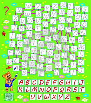 Logic puzzle game with labyrinth. Find the way for English ABC from start till end and write the letters in correct places.