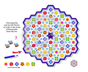 Logic puzzle game with labyrinth for kids. Find regularity and join flowers so to get in the center of honeycombs. Draw the line. photo