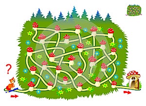 Logic puzzle game with labyrinth for little children. Help the fox find the way till his house. Printable worksheet for kids brain