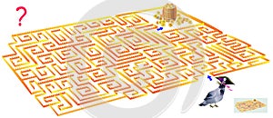 Logic puzzle game with labyrinth. Need to draw the way from the crow till the treasure.