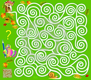 Logic puzzle game with labyrinth. Need to draw the way from the snail, till the mushroom.