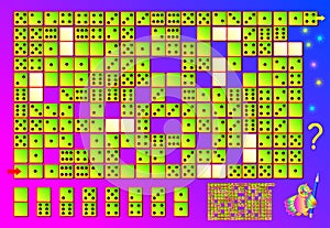 Logic puzzle game with labyrinth. Need to find the correct place for remaining dominoes and draw the way for from start till end.