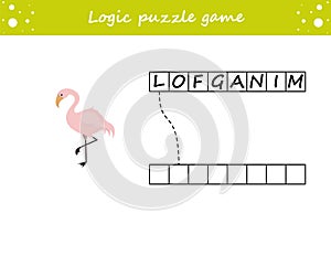 Logic puzzle game. Learning words flamingo in english. Find the hidden name. Activity page for study English. Game for children.