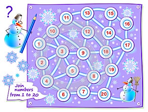 Logic puzzle game for little children with labyrinth for brainteaser book. Draw path to connect numbers from 1 to 20.