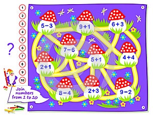 Logic puzzle game for little children. Math labyrinth for kids school textbook. Solved examples, draw path to connect mushrooms. photo