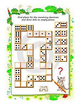 Logic puzzle game for little children. Need to find places for the remaining dominoes and draw dots on empty pieces.