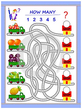 Logic puzzle game for little children. Where do the lorries have to deliver fruits? Count the quantity and write the numbers.
