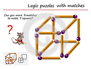 Logic puzzle game with matches for children and adults. Can you move 2 matchsticks to make 7 squares?