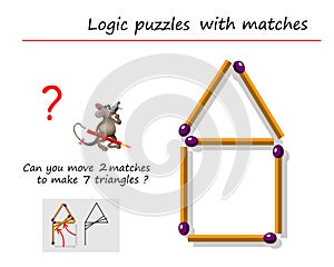 Logic puzzle game with matches for children and adults. Can you move 2 matchsticks to make 7 triangles?