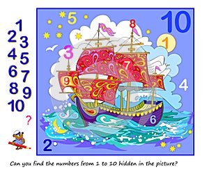 Logic puzzle game. Math education for young children. Can you find the numbers from 1 to 10 hidden in the picture? Developing