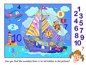 Logic puzzle game. Math education for young children. Can you find the numbers from 1 to 10 hidden in the picture? Developing