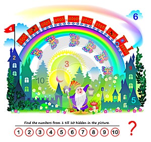 Logic puzzle game. Math education for young children. Find the numbers from 1 till 10 hidden in the picture.