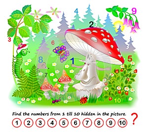 Logic puzzle game. Math education for young children. Find the numbers from 1 till 10 hidden in the picture.