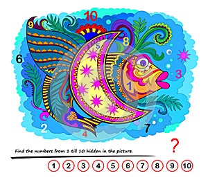 Logic puzzle game. Math education for young children. Find the numbers from 1 till 10 hidden in the picture.