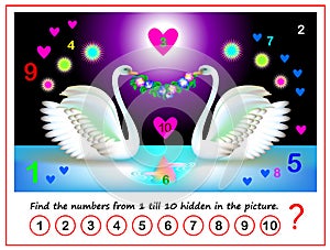 Logic puzzle game. Math education for young children. Find the numbers from 1 till 10 hidden in the picture. Developing counting