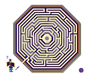 Logic puzzle game with octagonal labyrinth for children and adults. Help the wizard find the way to the center of maze. Worksheet