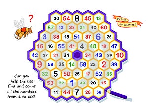 Logic puzzle game for smartest. Can you help the bee find and count all the numbers from 1 to 60? Task for attentiveness.