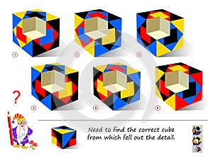 Logic puzzle game for smartest. Find the correct cube from which fell out the detail. Printable page for brain teaser book. photo