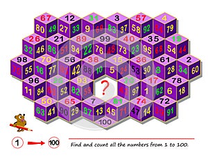 Logic puzzle game for smartest. Find and count all the numbers from 1 to 100. Task for attentiveness.