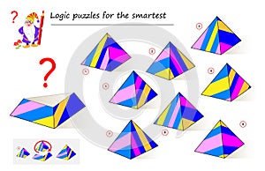 Logic puzzle game for smartest. Need to find the correct detail which fell down from the pyramid. Printable page for brainteaser.