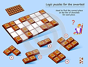 Logic puzzle game for smartest. Need to find the correct place at the bar of chocolate for each piece. photo