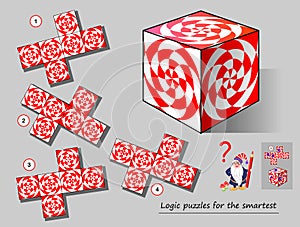 Logic puzzle game for smartest. Need to find the template which matches to the cube. Printable page for brainteaser book.