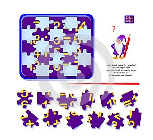 Logic puzzle game for smartest. Solve examples and place the details in empty spaces. Find solution so all equations are correct.