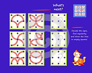 Logic puzzle game for smartest. What`s next? Decode the signs, find regularity and draw the lines in empty squares. Page for brai photo
