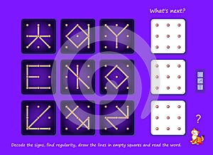 Logic puzzle game for smartest. What`s next? Decode the signs, find regularity, draw the lines in empty squares and read the word photo