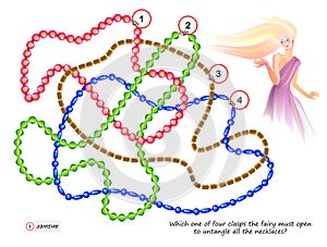 Logic puzzle game for smartest. Which one of four clasps the fairy must open to untangle all the necklaces? photo