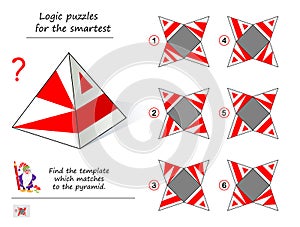 Logic puzzle game for smartest. From which sample can you install this pyramid? Printable page for brainteaser book.