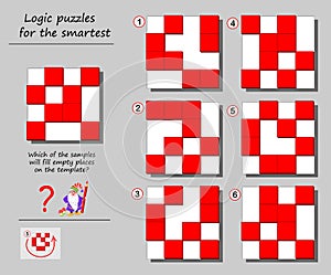 Logic puzzle game for smartest. Which of the samples will fill empty places on the template? Printable page for brainteaser book.