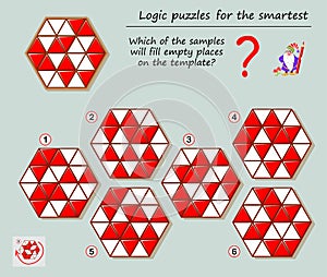 Logic puzzle game for smartest. Which of the samples will fill empty places on the template? Printable page for brainteaser book.