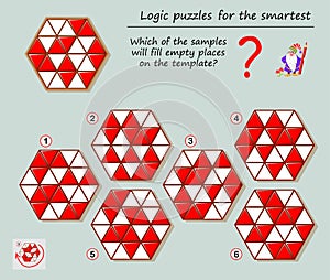 Logic puzzle game for smartest. Which of the samples will fill empty places on the template? Printable page for brainteaser book. photo