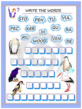 Logic puzzle game for study English. Collect words from the clouds, find the correct places for letters and write the names.