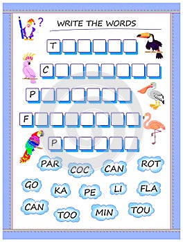 Logic puzzle game for study English. Collect words from the clouds, find the correct places for letters and write the names.