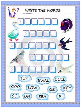 Logic puzzle game for study English. Collect words from the clouds, find the correct places for letters and write the names