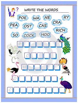 Logic puzzle game for study English. Collect words from the clouds, find the correct places for letters and write the names